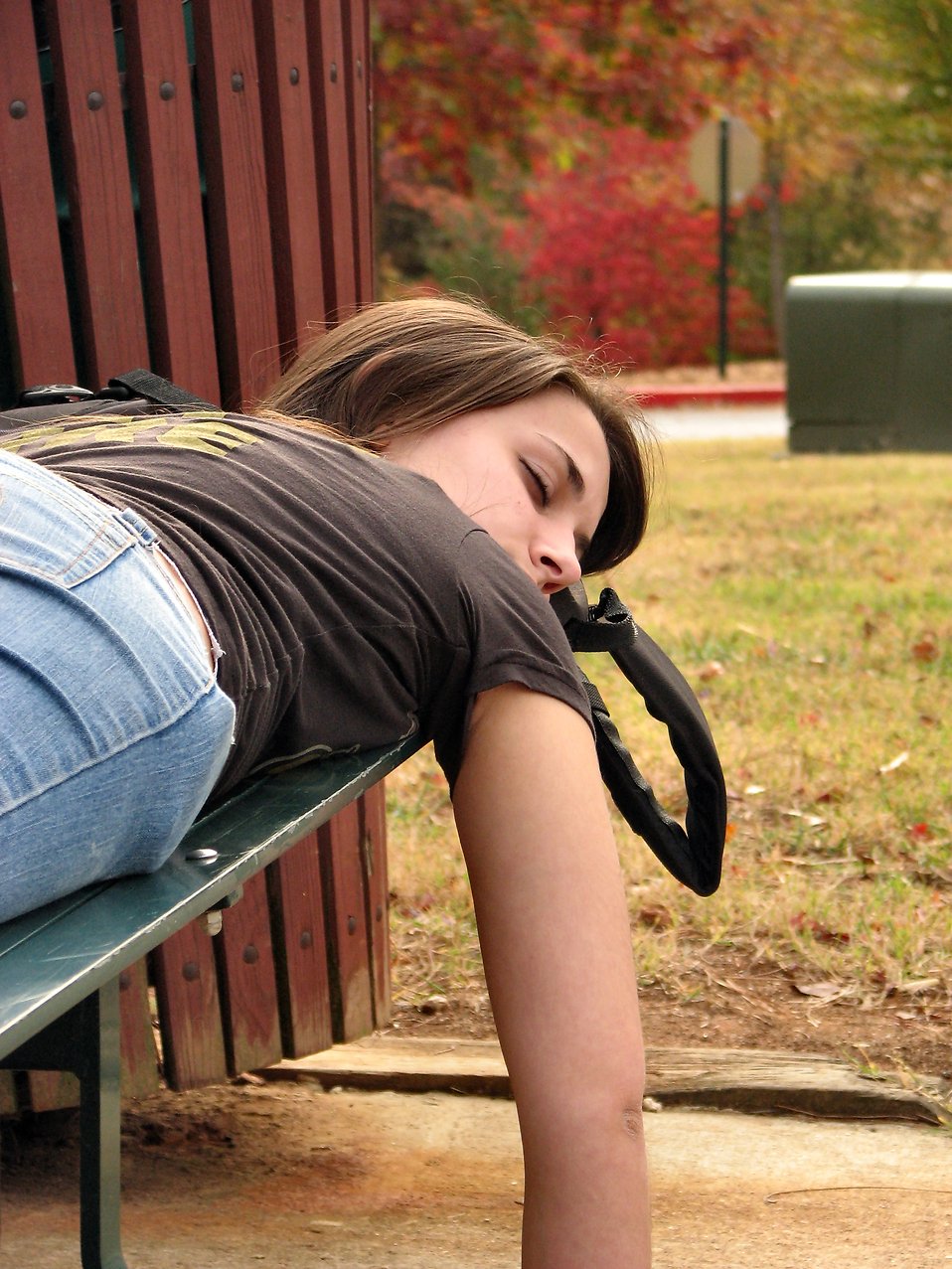 A teen girl sleeping on a bench : Free Stock Photo