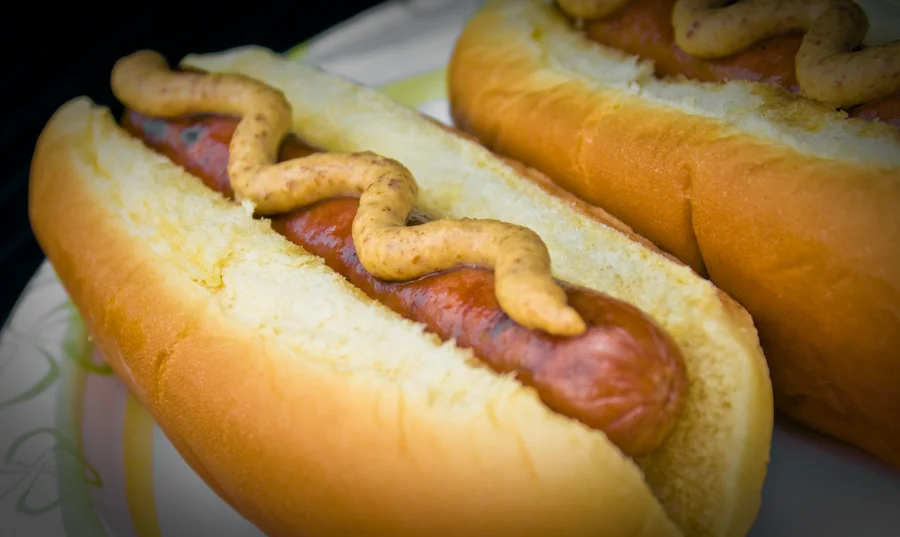 Close-up of a hotdog on a bun with mustard : Free Stock Photo