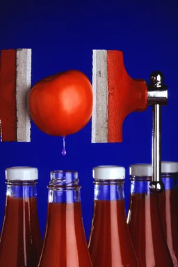 Free Stock Photo: A vice squeezing water out of a tomato above a ketchup bottle