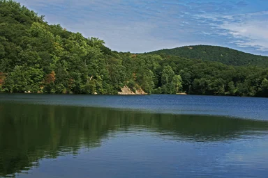Free Stock Photo: A landscape of tree covered mountains by a lake