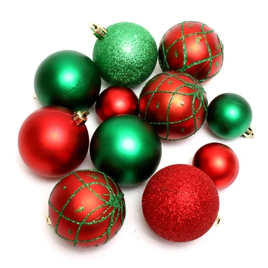 Free Stock Photo: Red and green Christmas ornaments isolated on a white background