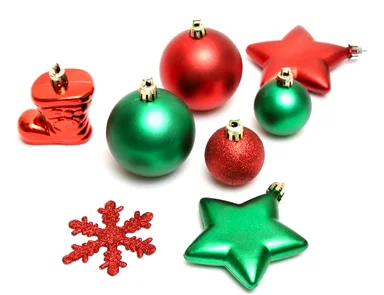 Free Stock Photo: Green and red Christmas ornaments isolated on a white background