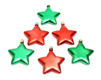 Free Stock Photo: Red and green star shaped Christmas ornaments isolated on a white background