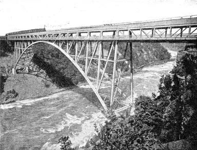 Free Stock Photo: Vintage illustration of a steel arch bridge over a river