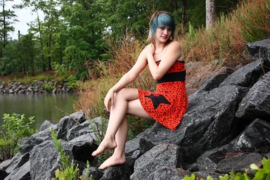 Free Stock Photo: A beautiful young woman posing in a red dress on rocks by a lake