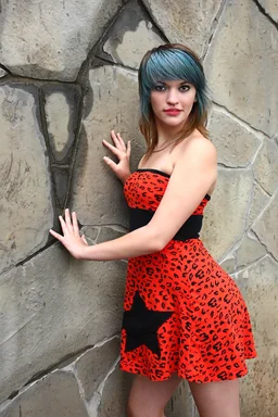 Free Stock Photo: A beautiful young woman posing in a red dress against a stone wall