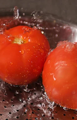 Free Stock Photo: Two fresh tomatoes being washed under running water
