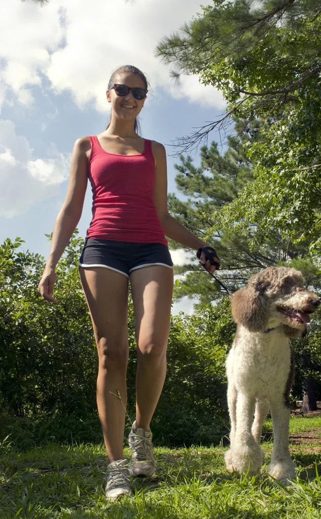 A young woman walking her dog outdoors : Free Stock Photo