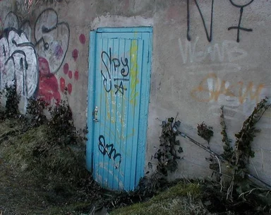 Free Stock Photo: Blue wooden door with graffiti
