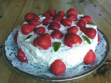 Free Stock Photo: White cake covered in strawberries on table