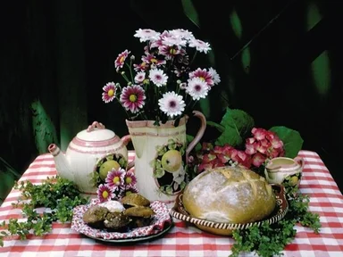 Free Stock Photo: Bread and flowers displayed on a table