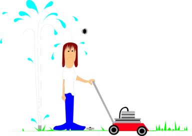 Free Stock Photo: Illustration of a man with a lawn mower and a sprinkler