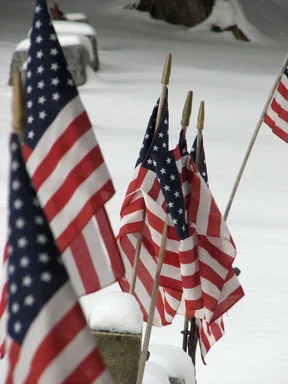 Free Stock Photo: Closeup of a US flags in a snow coverd graveyard