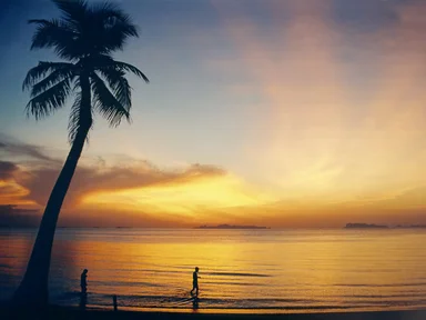 Free Stock Photo: People in the water at a beach at sunset