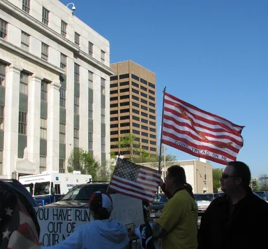 Free Stock Photo: Protesters with signs and flags at the 2009 tax day tea party in Atlanta, Georgia