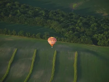 Free Stock Photo: A hot air balloon flying over trees and fields