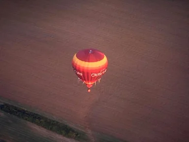 Free Stock Photo: A hot air balloon flying over a field