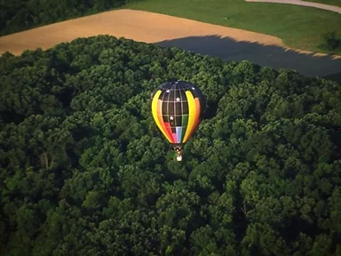 Free Stock Photo: A hot air balloon flying over trees and fields