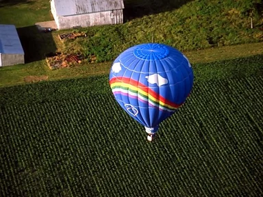 Free Stock Photo: A hot air balloon flying over a field