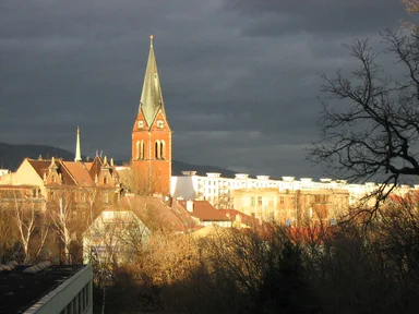Free Stock Photo: Red church in spa town Teplice right before the storm