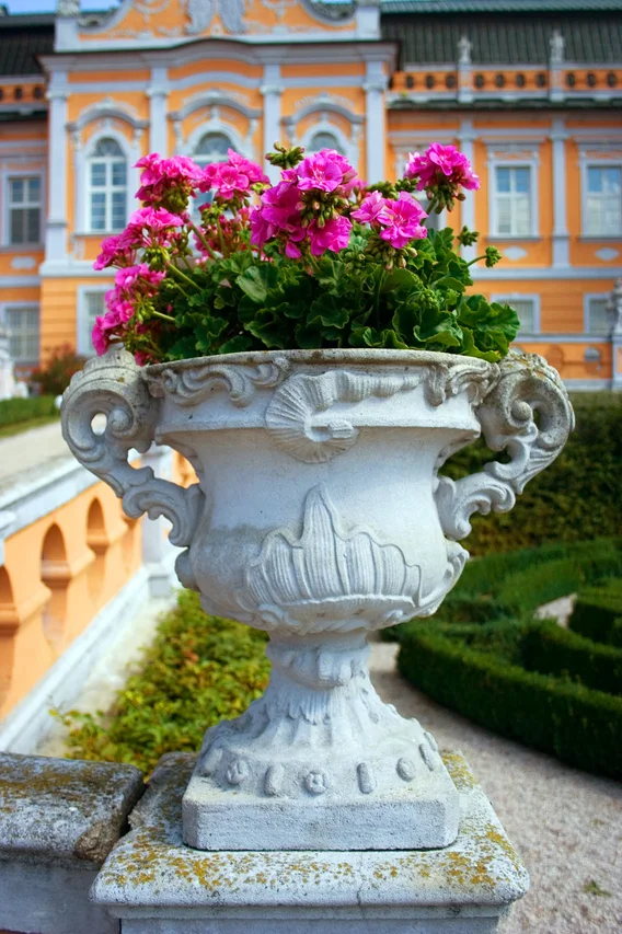 Purple flowers in a vase outside of a castle : Free Stock Photo