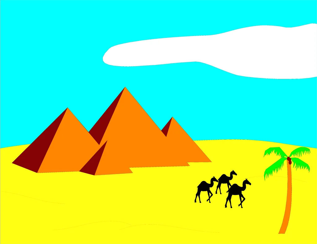 Illustration of pyramids in the desert with camels : Free Stock Photo