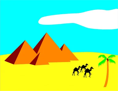 Free Stock Photo: Illustration of pyramids in the desert with camels