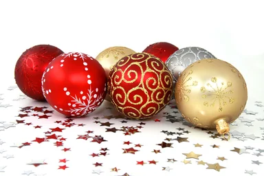 Free Stock Photo: Christmas ornaments with silver stars on a white floor
