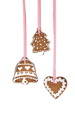 Free Stock Photo: Christmas shaped gingerbread cookies hanging on a ribbon