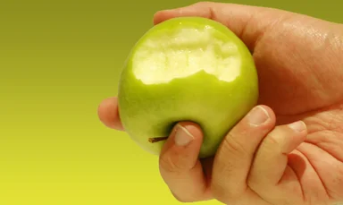 Free Stock Photo: A hand holding a bitten green apple