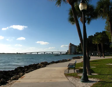Free Stock Photo: A park along the ocean overlooking a bridge